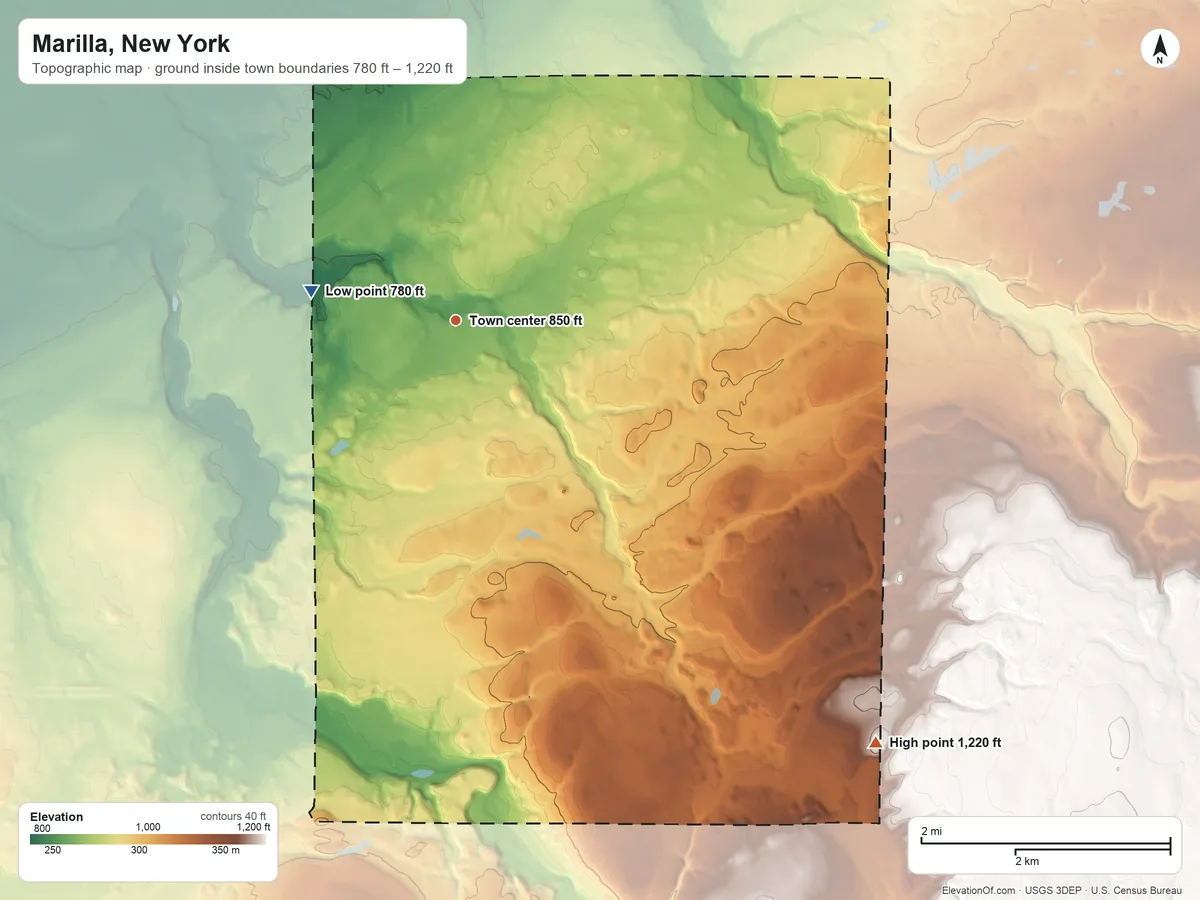 Topographic elevation map of Marilla, New York, shaded from 780 ft on the west side to 1,220 ft on the southeast side