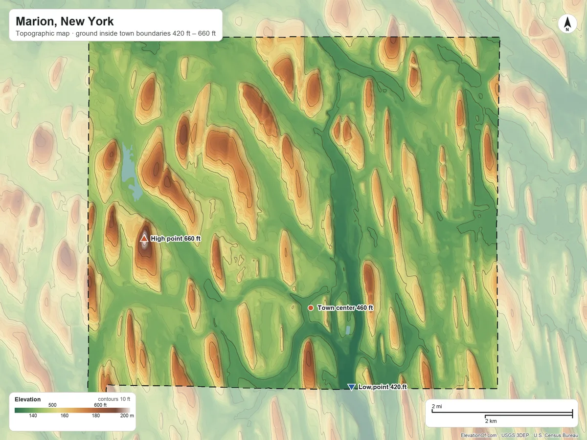 Topographic elevation map of Marion, New York, shaded from 420 ft on the southeast side to 660 ft on Pigeon Hill