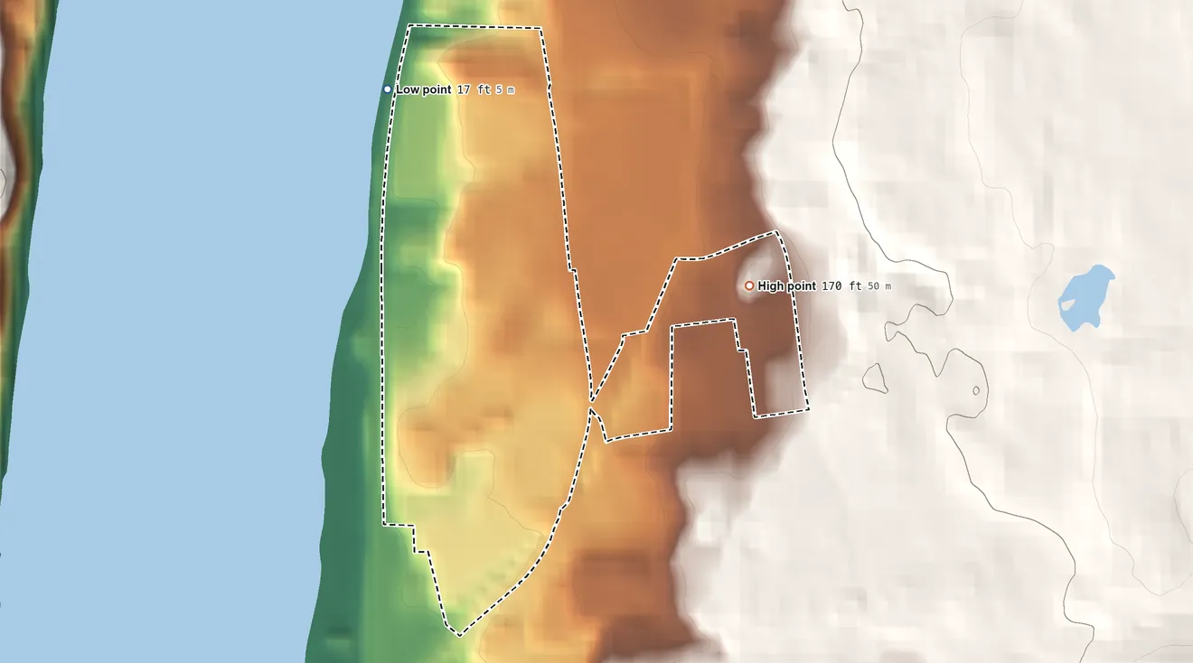 Topographic elevation map of Marist College, New York, shaded from 17 ft on the north side to 170 ft on the east side