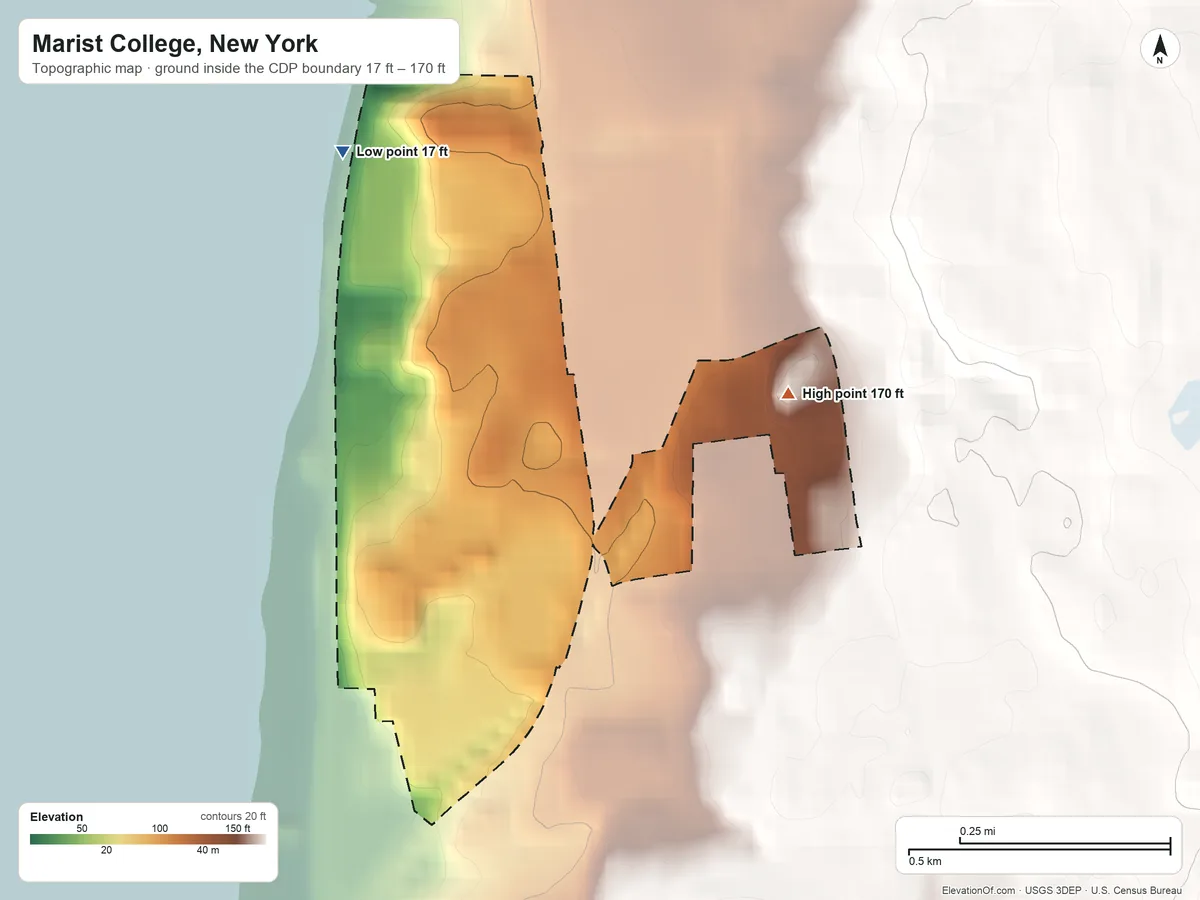 Topographic elevation map of Marist College, New York, shaded from 17 ft on the north side to 170 ft on the east side