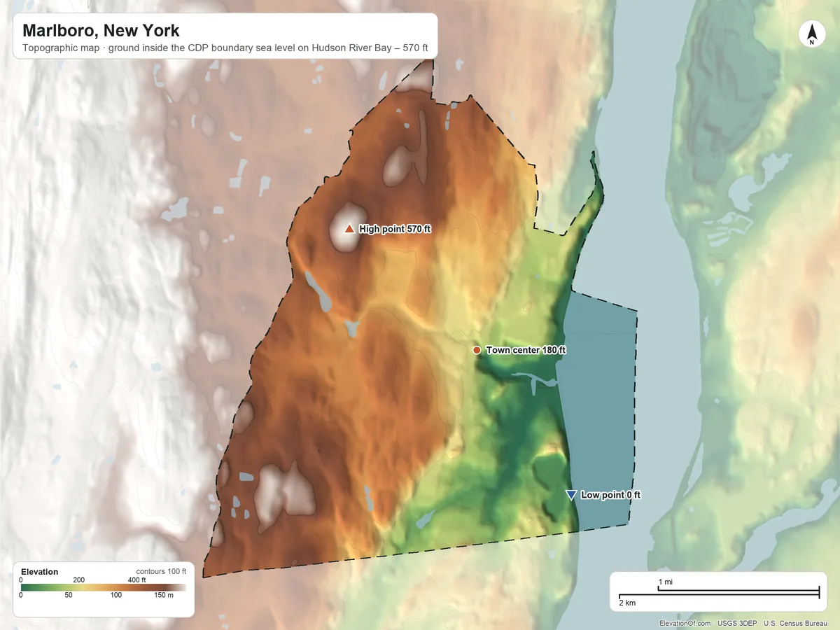 Topographic elevation map of Marlboro, New York, shaded from sea level level on Hudson River Bay to 570 ft at the foot of the Marlboro Mountains