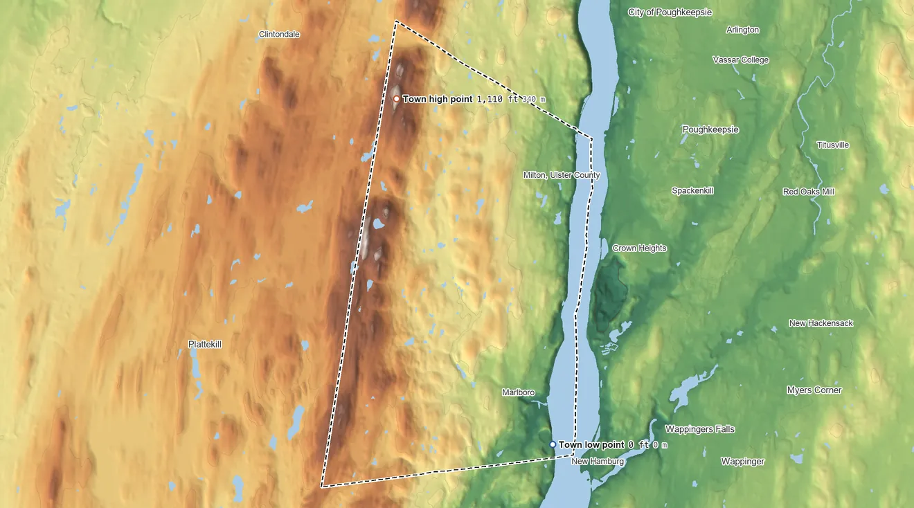 Topographic elevation map of Marlborough, New York, shaded from sea level level on Hudson River Bay to 1,110 ft on Marlboro Mountain