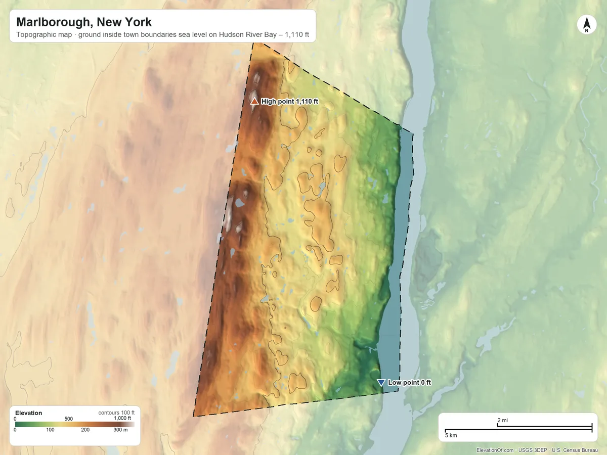 Topographic elevation map of Marlborough, New York, shaded from sea level level on Hudson River Bay to 1,110 ft on Marlboro Mountain