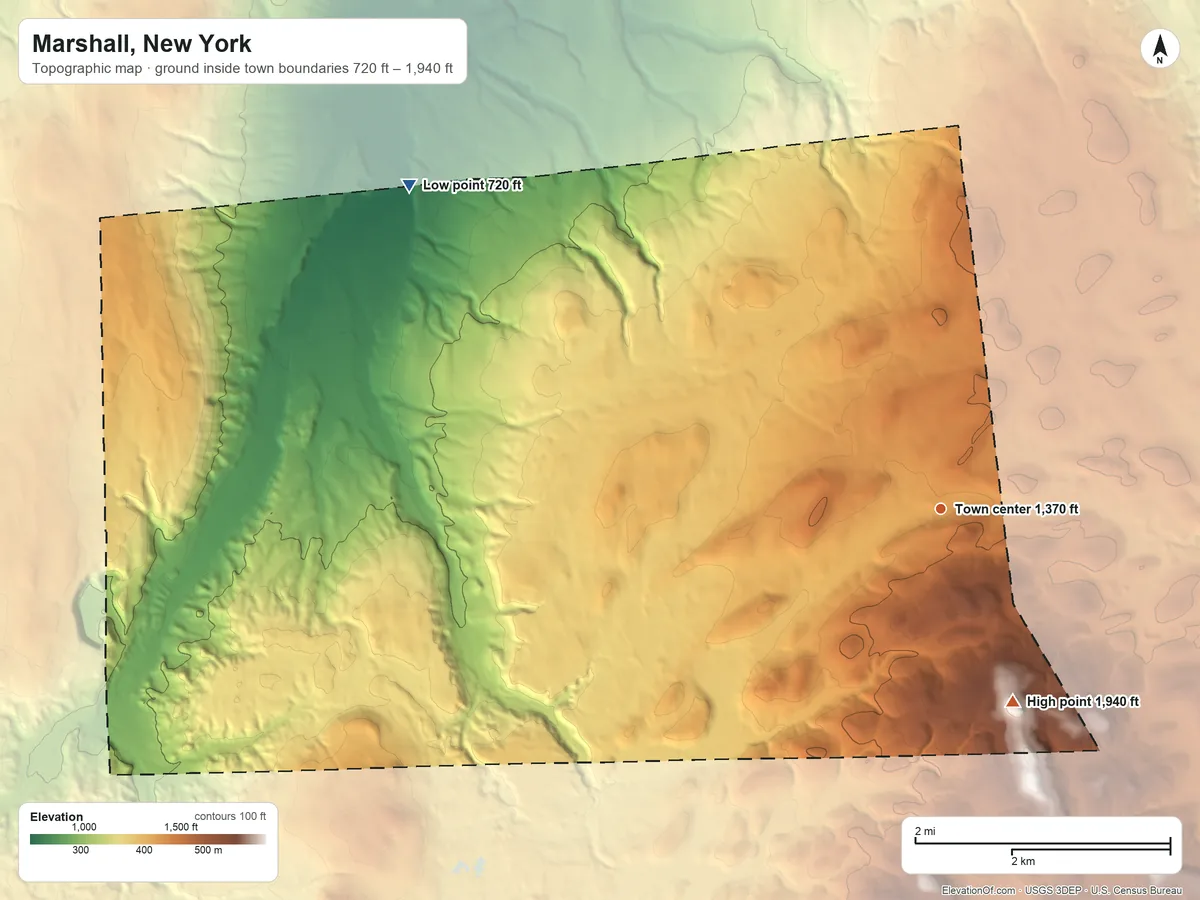 Topographic elevation map of Marshall, New York, shaded from 720 ft on the northwest side to 1,940 ft on Tassel Hill
