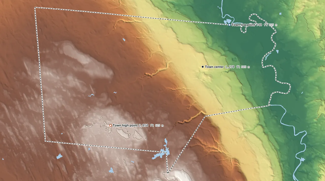 Topographic elevation map of Martinsburg, New York, shaded from 740 ft on the northeast side to 2,050 ft on the southwest side
