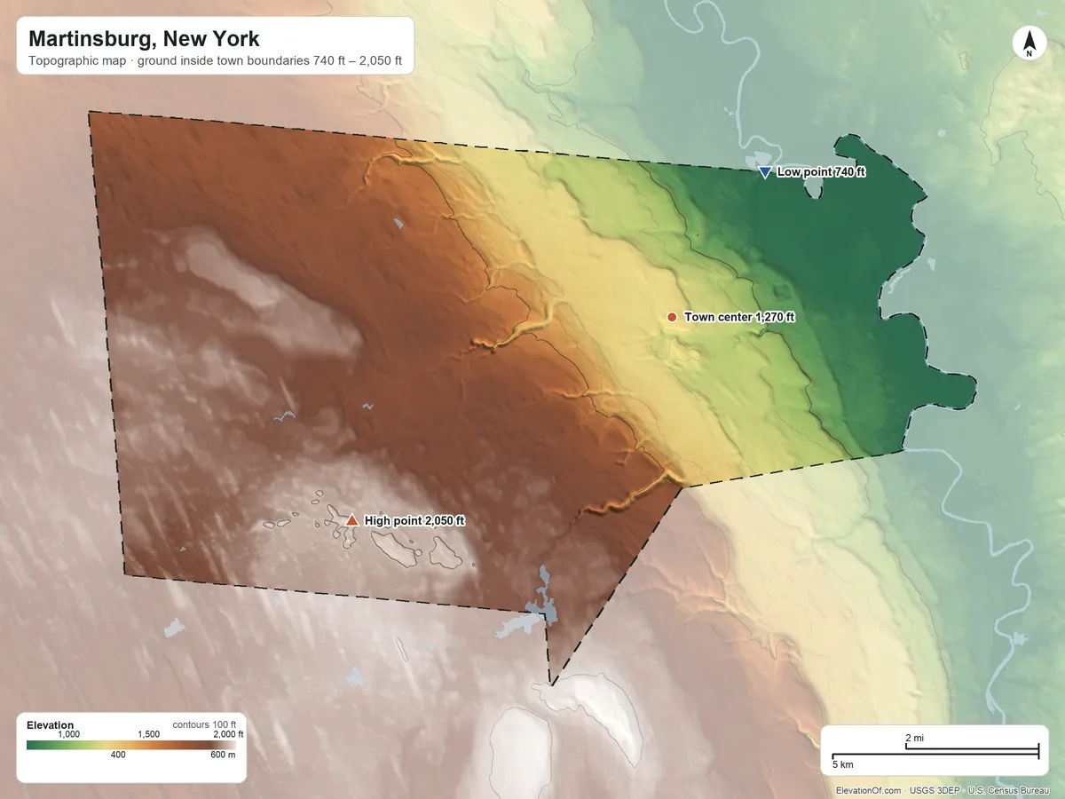 Topographic elevation map of Martinsburg, New York, shaded from 740 ft on the northeast side to 2,050 ft on the southwest side