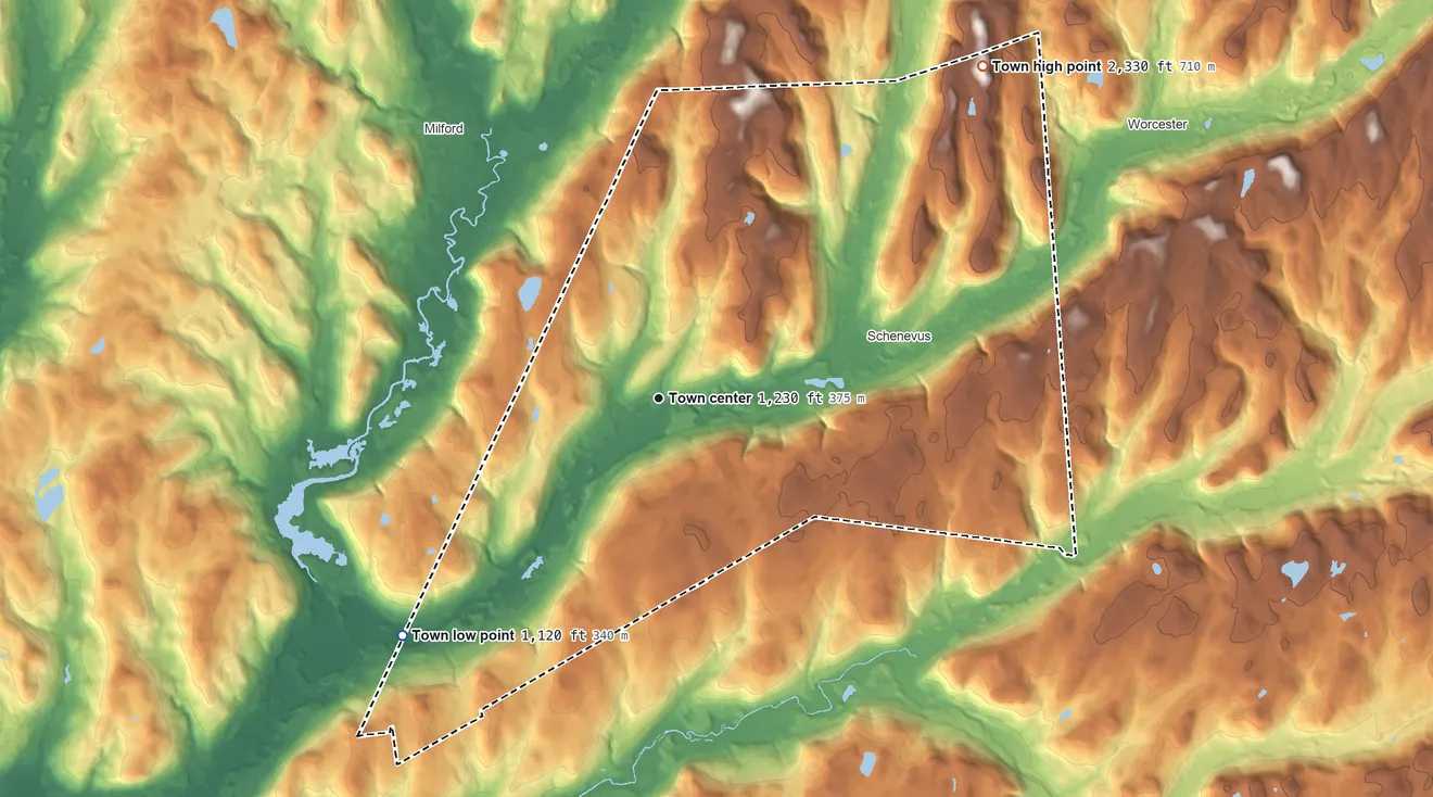 Topographic elevation map of Maryland, New York, shaded from 1,120 ft on the southwest side to 2,330 ft on the northeast side