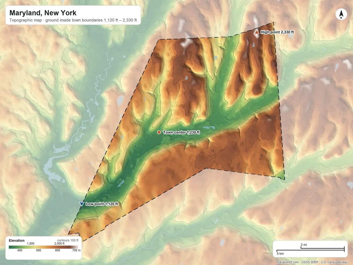 Topographic elevation map of Maryland, New York, shaded from 1,120 ft on the southwest side to 2,330 ft on the northeast side