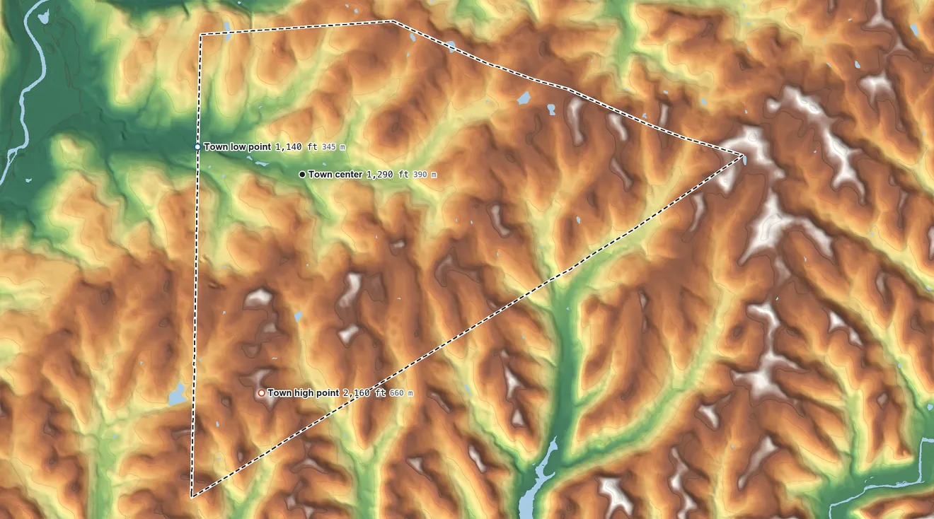 Topographic elevation map of Masonville, New York, shaded from 1,140 ft on the west side to 2,160 ft on the south side