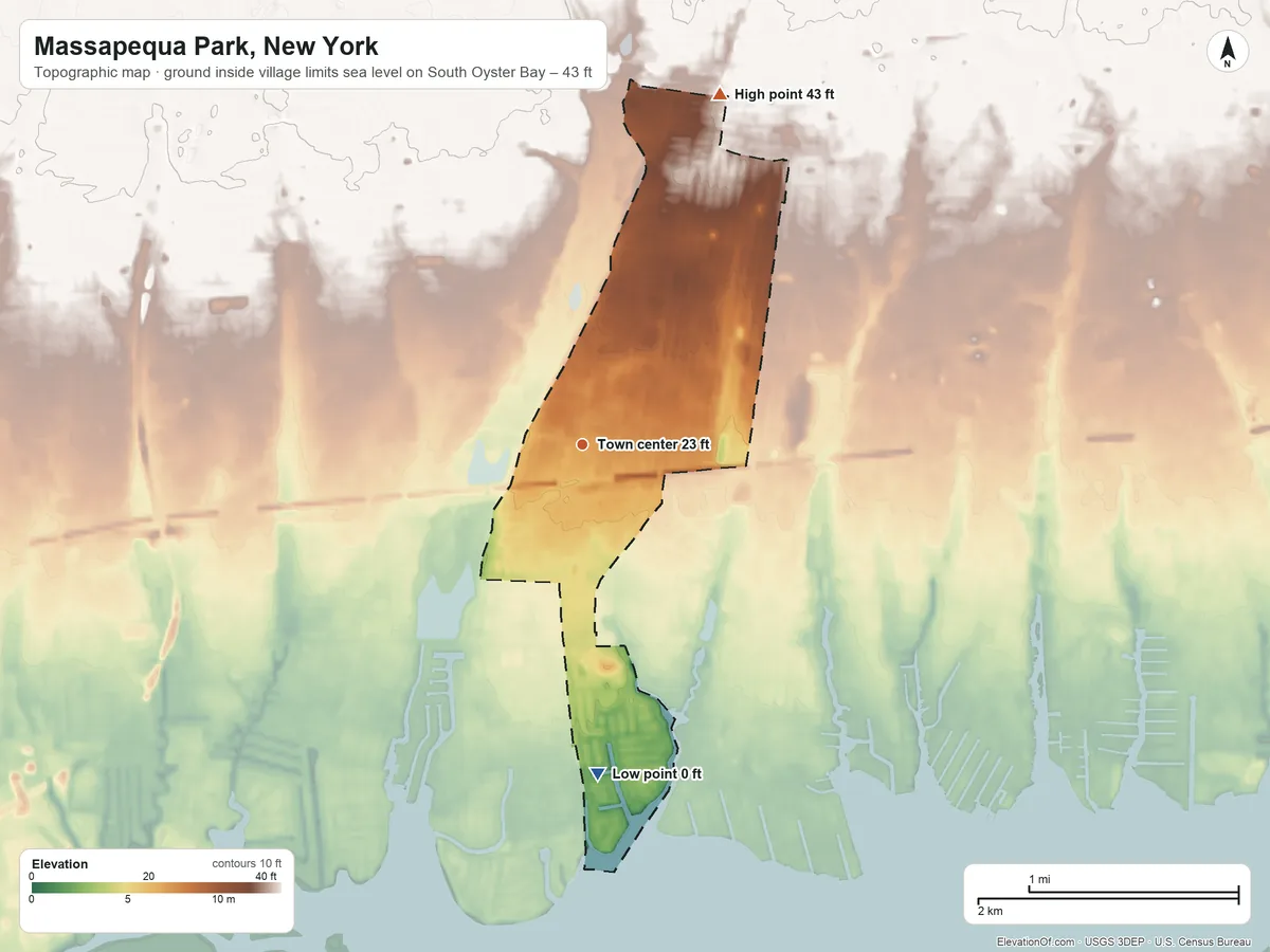 Topographic elevation map of Massapequa Park, New York, shaded from sea level level on South Oyster Bay to 43 ft on the north side