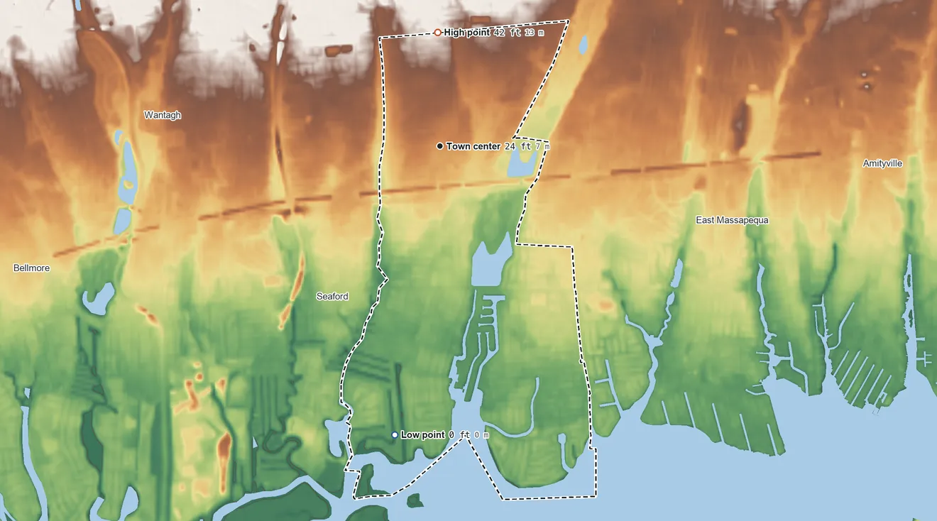 Topographic elevation map of Massapequa, New York, shaded from sea level level on Massapequa Cove to 42 ft on the north side