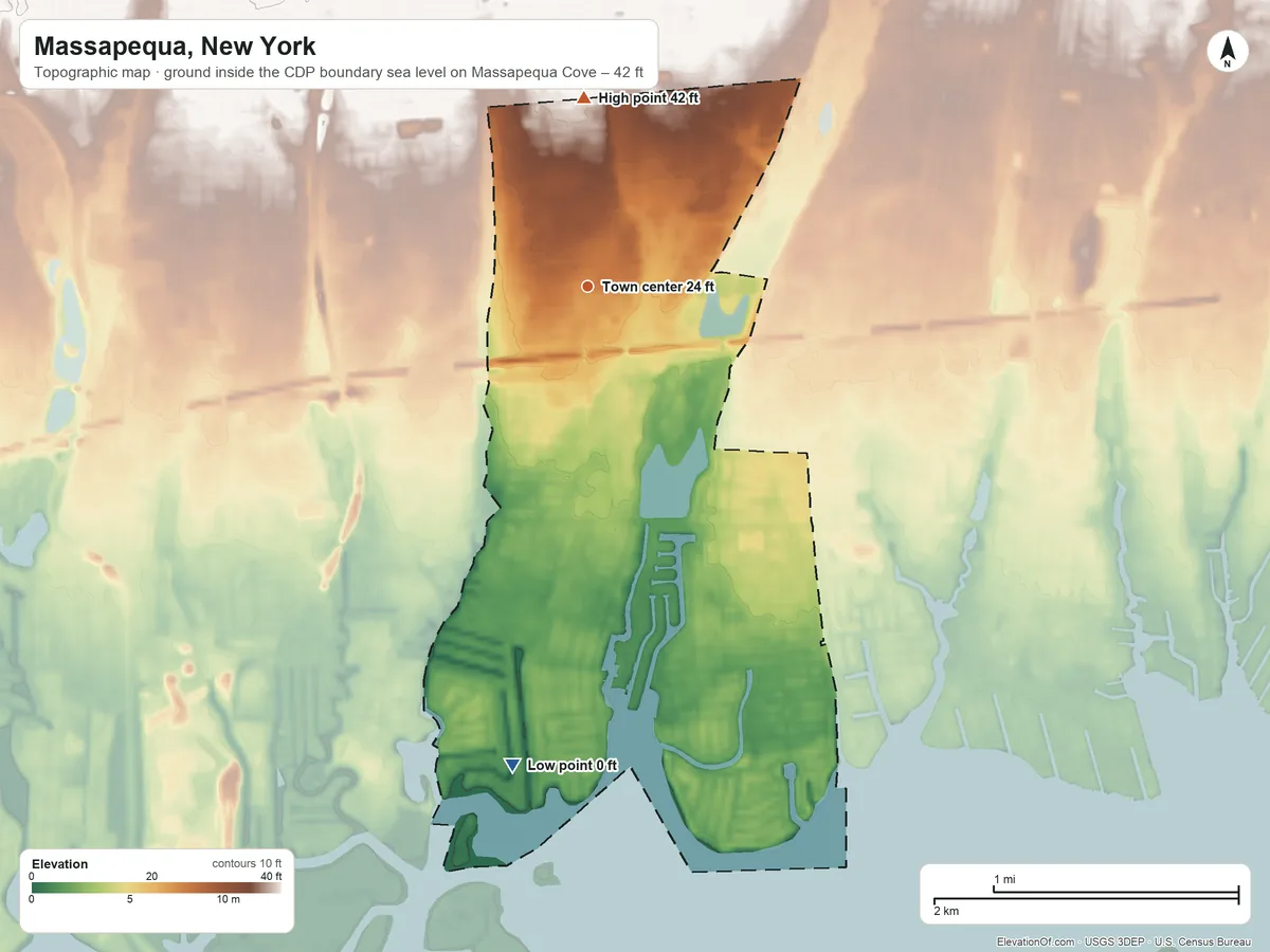 Topographic elevation map of Massapequa, New York, shaded from sea level level on Massapequa Cove to 42 ft on the north side