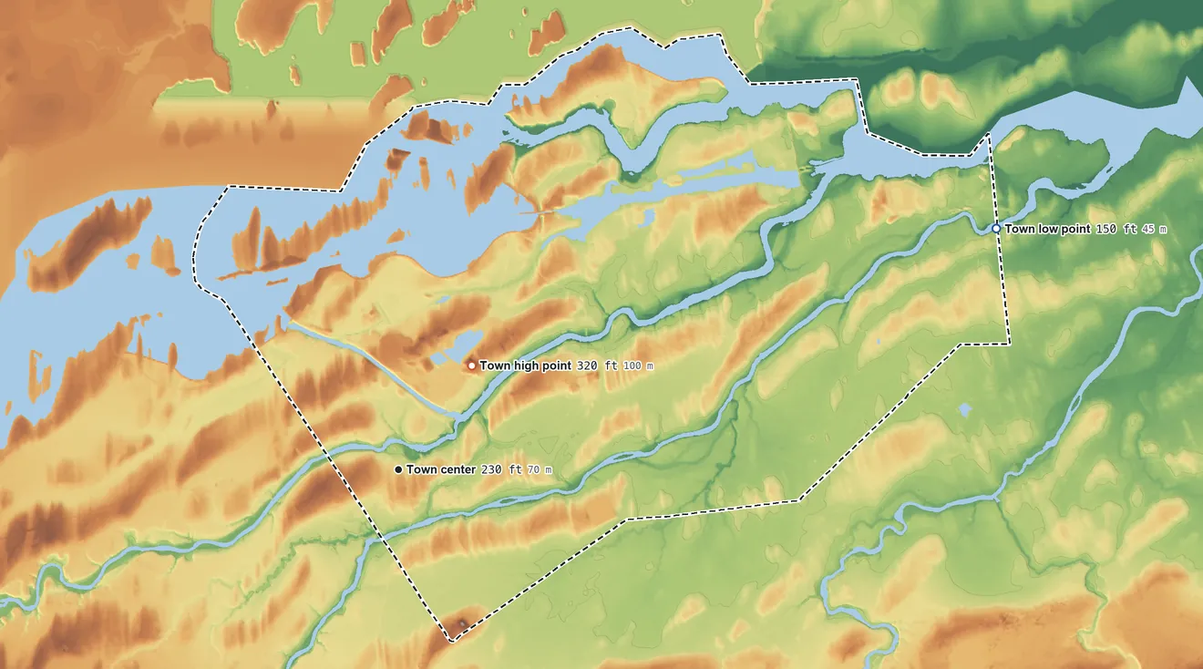 Topographic elevation map of Massena, New York, shaded from 150 ft on the east side to 320 ft on the northeast side