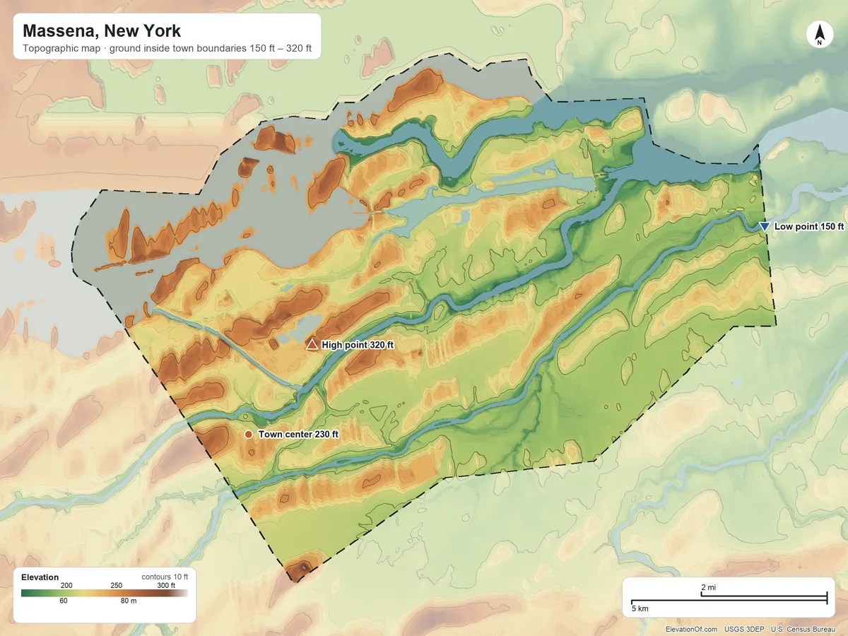 Topographic elevation map of Massena, New York, shaded from 150 ft on the east side to 320 ft on the northeast side