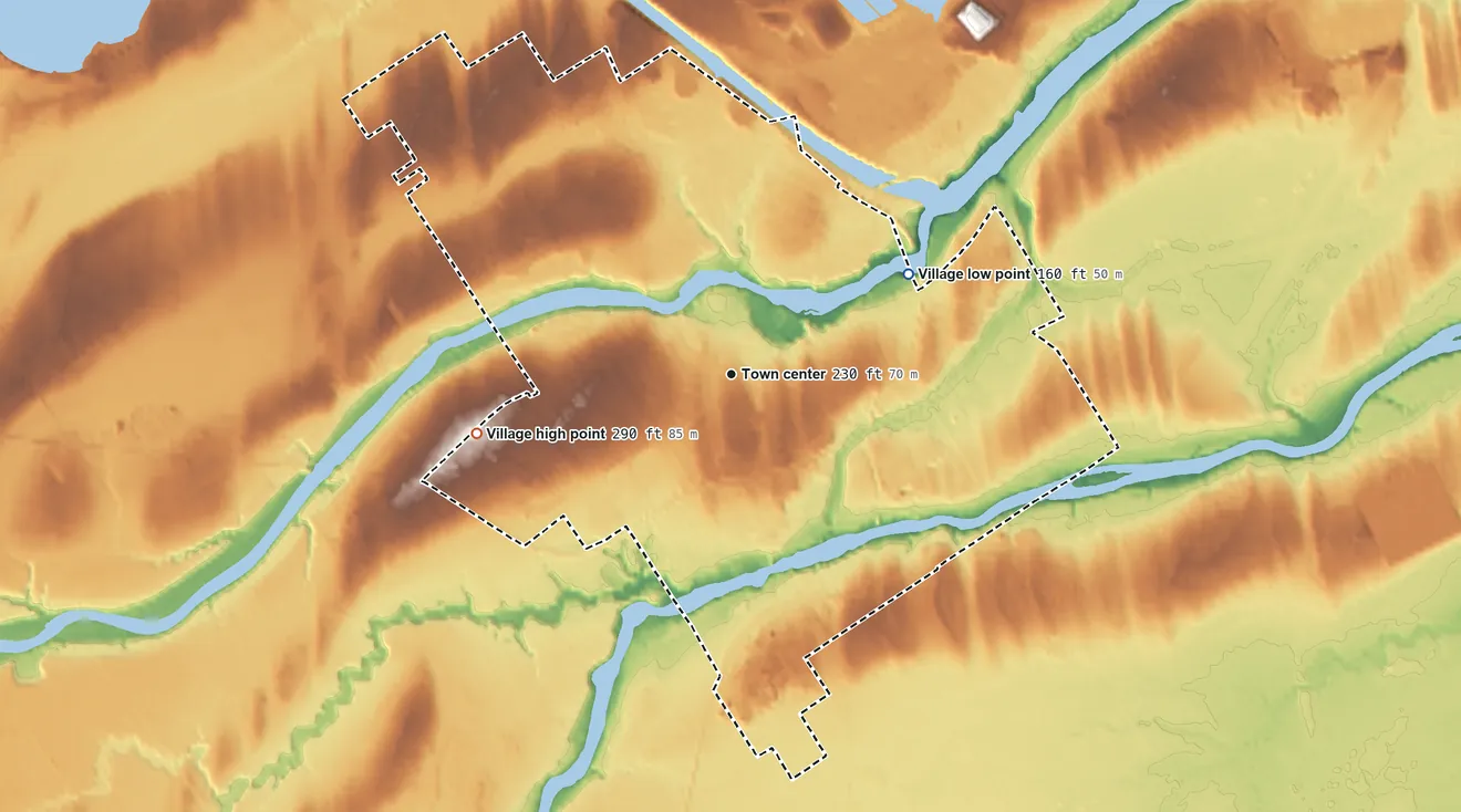 Topographic elevation map of Village of Massena, New York, shaded from 160 ft on the northeast side to 290 ft on the west side