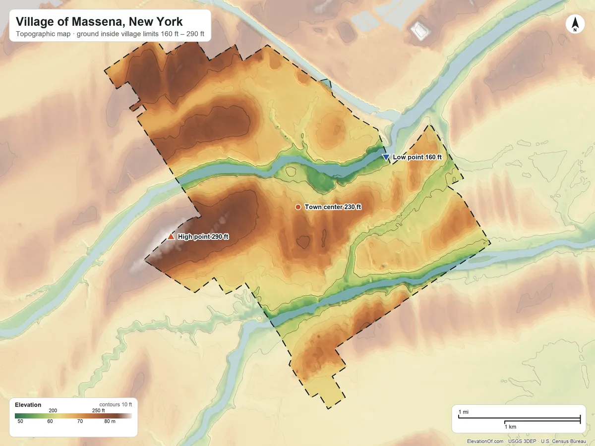 Topographic elevation map of Village of Massena, New York, shaded from 160 ft on the northeast side to 290 ft on the west side