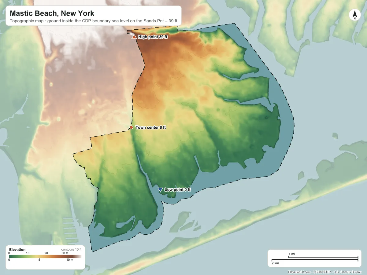 Topographic elevation map of Mastic Beach, New York, shaded from sea level level on the Sands Point to 39 ft on the north side
