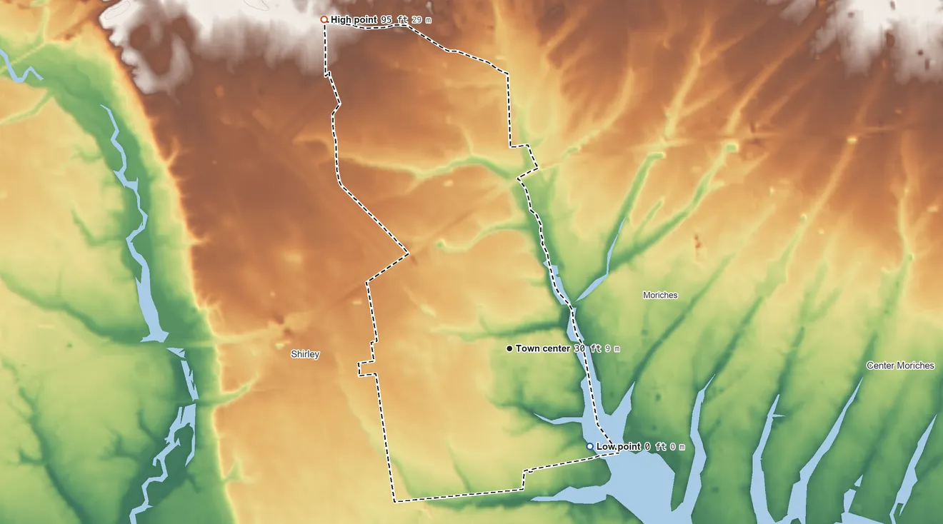 Topographic elevation map of Mastic, New York, shaded from 0 ft on the southeast side to 95 ft on the northwest side