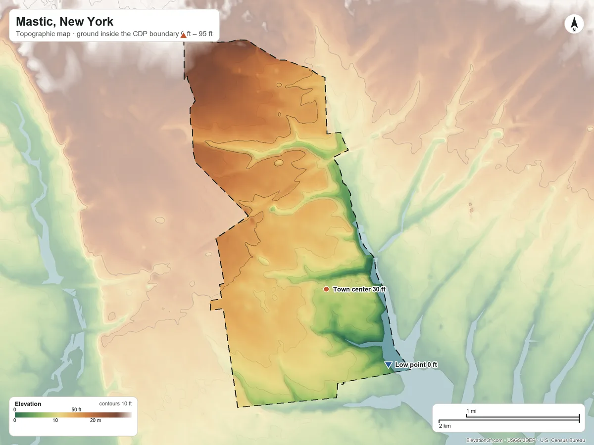 Topographic elevation map of Mastic, New York, shaded from 0 ft on the southeast side to 95 ft on the northwest side