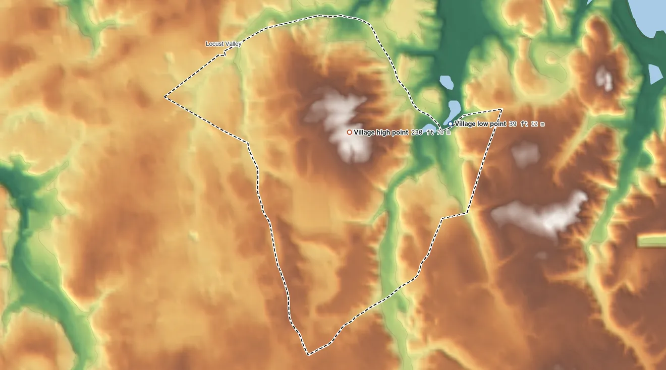 Topographic elevation map of Matinecock, New York, shaded from 39 ft on the east side to 230 ft on the southeast side