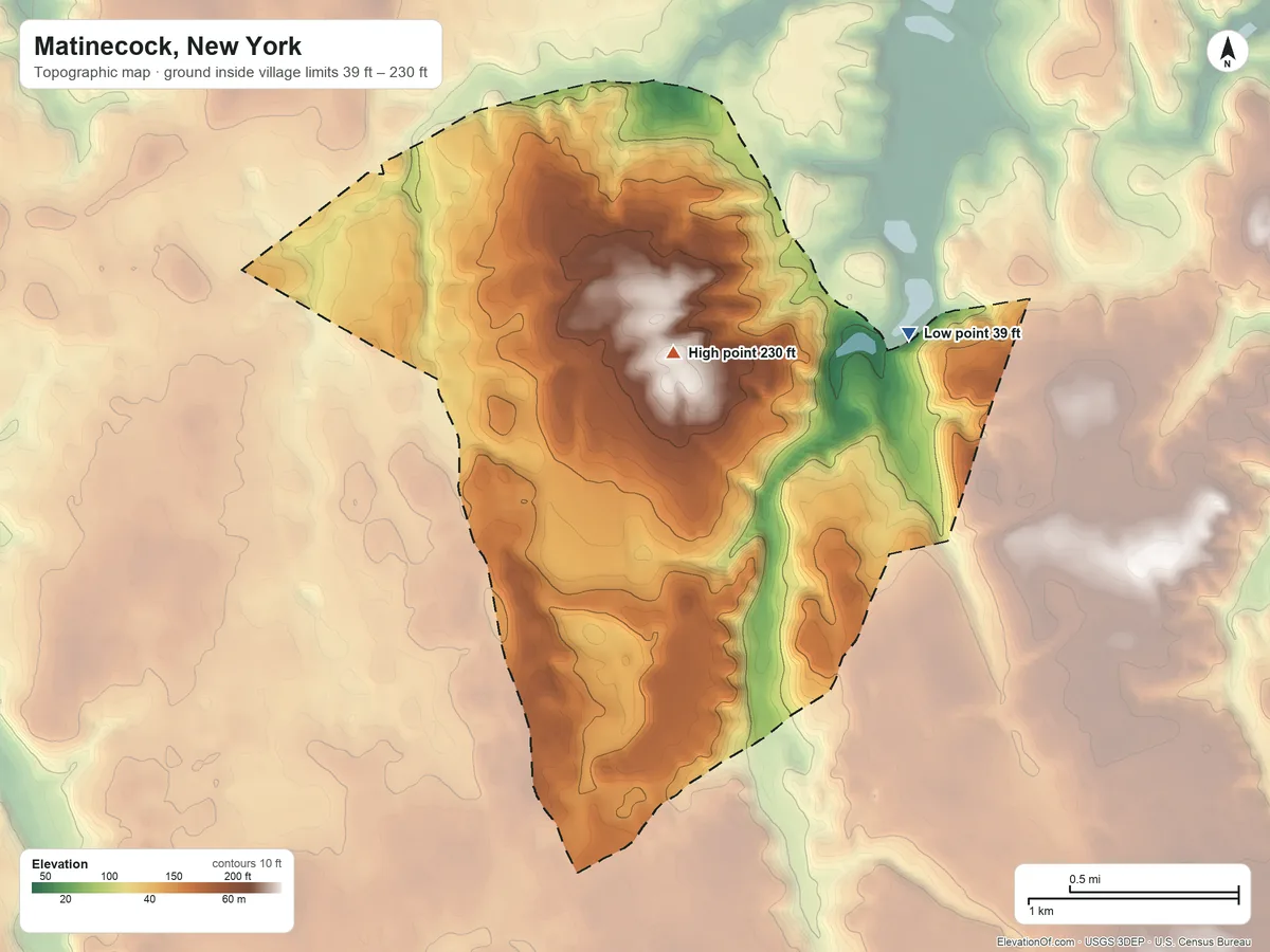 Topographic elevation map of Matinecock, New York, shaded from 39 ft on the east side to 230 ft on the southeast side