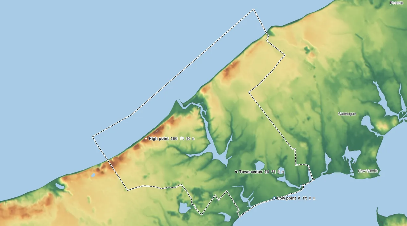 Topographic elevation map of Mattituck, New York, shaded from sea level level on Great Peconic Bay to 160 ft on Mattituck Hills