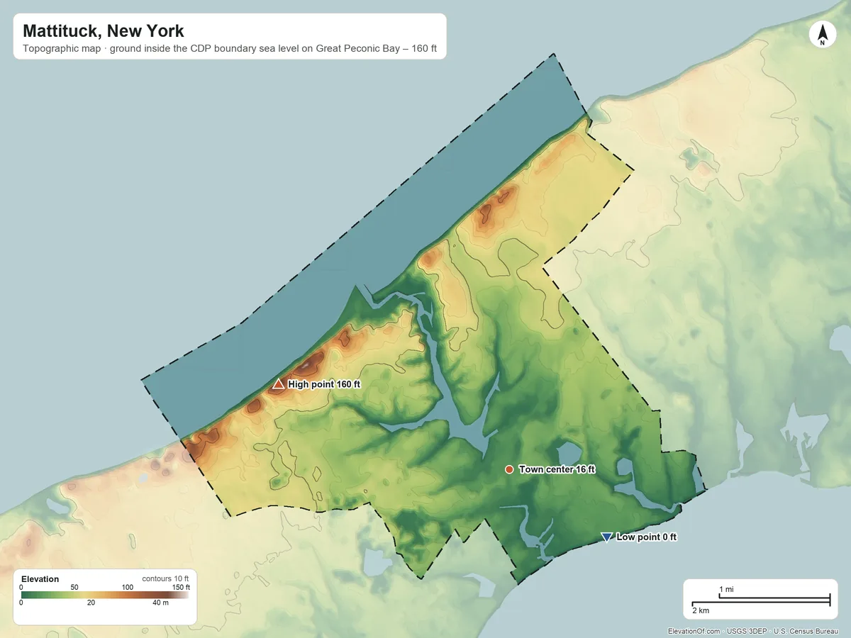 Topographic elevation map of Mattituck, New York, shaded from sea level level on Great Peconic Bay to 160 ft on Mattituck Hills