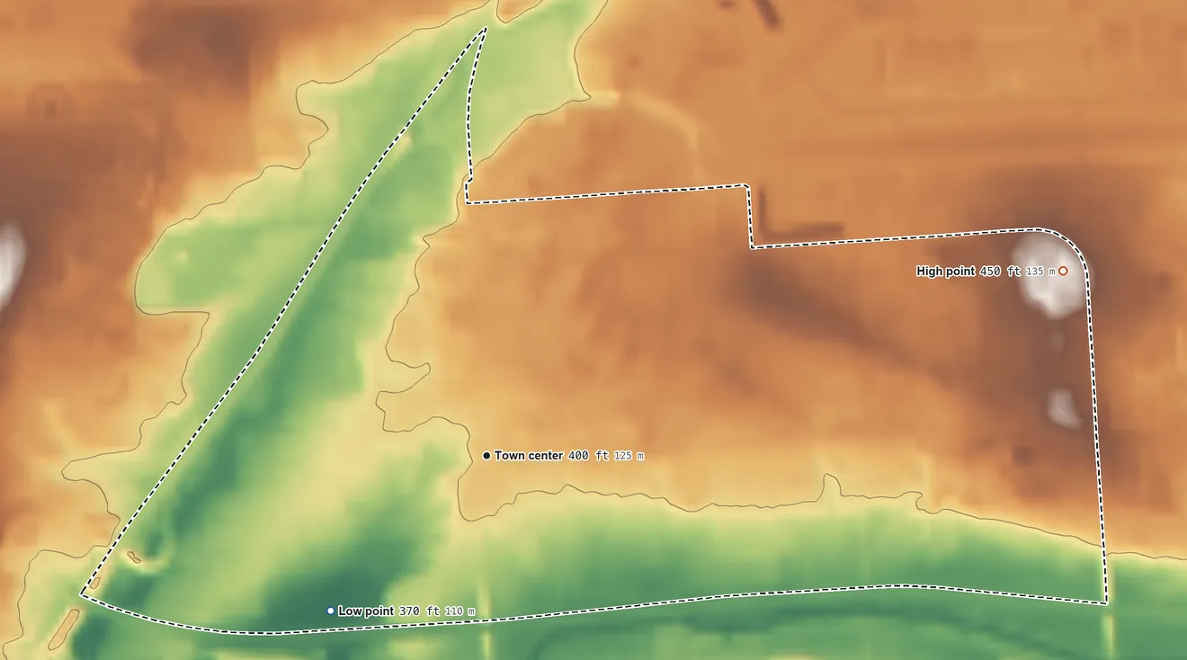 Topographic elevation map of Mattydale, New York, shaded from 370 ft on the southwest side to 450 ft on the east side