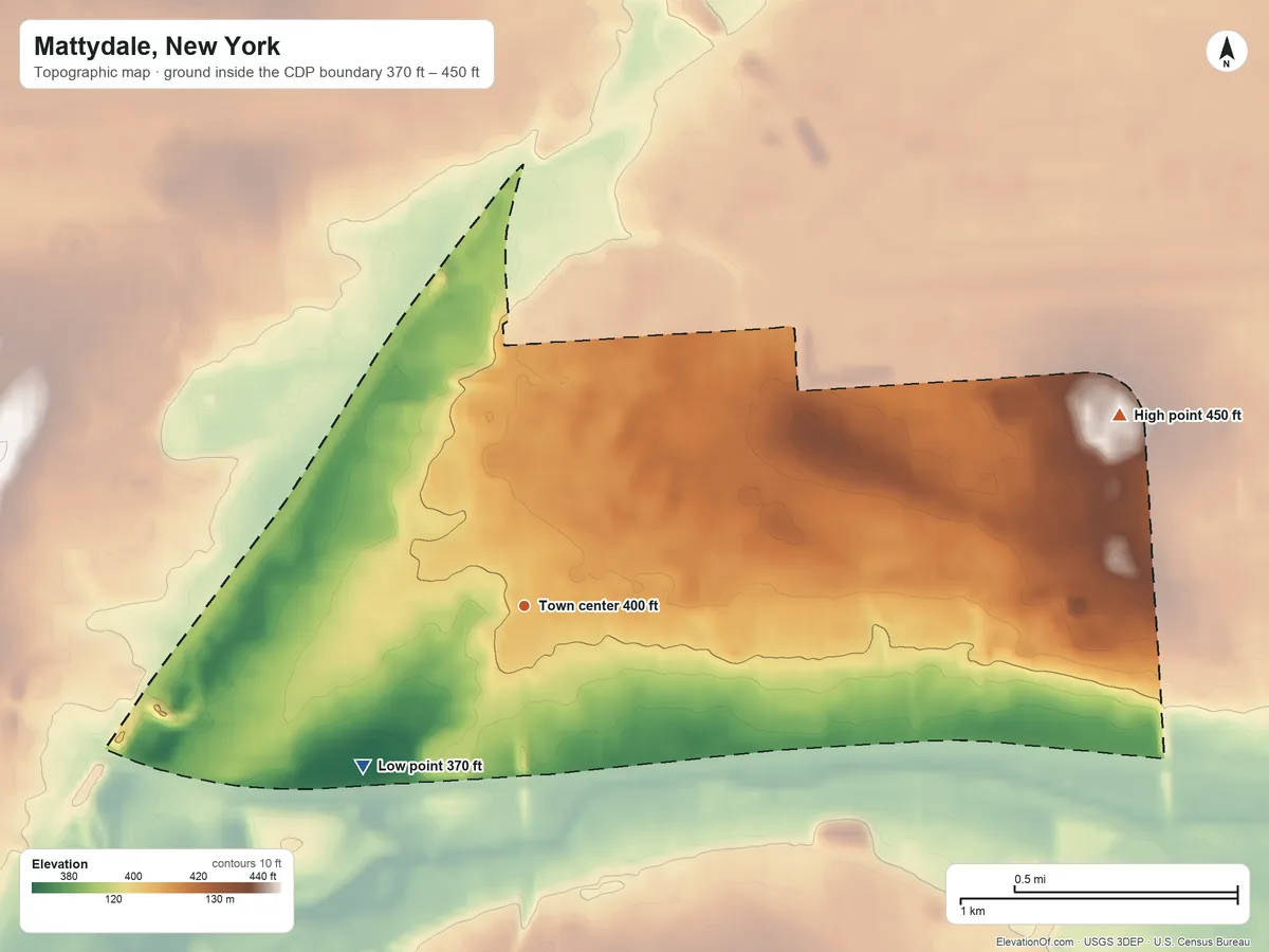 Topographic elevation map of Mattydale, New York, shaded from 370 ft on the southwest side to 450 ft on the east side