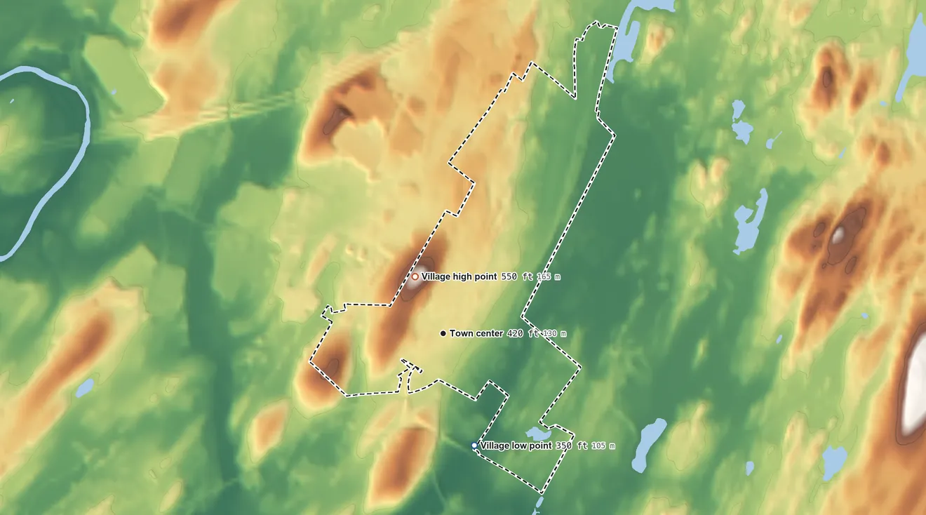 Topographic elevation map of Maybrook, New York, shaded from 350 ft on the south side to 550 ft on the northwest side