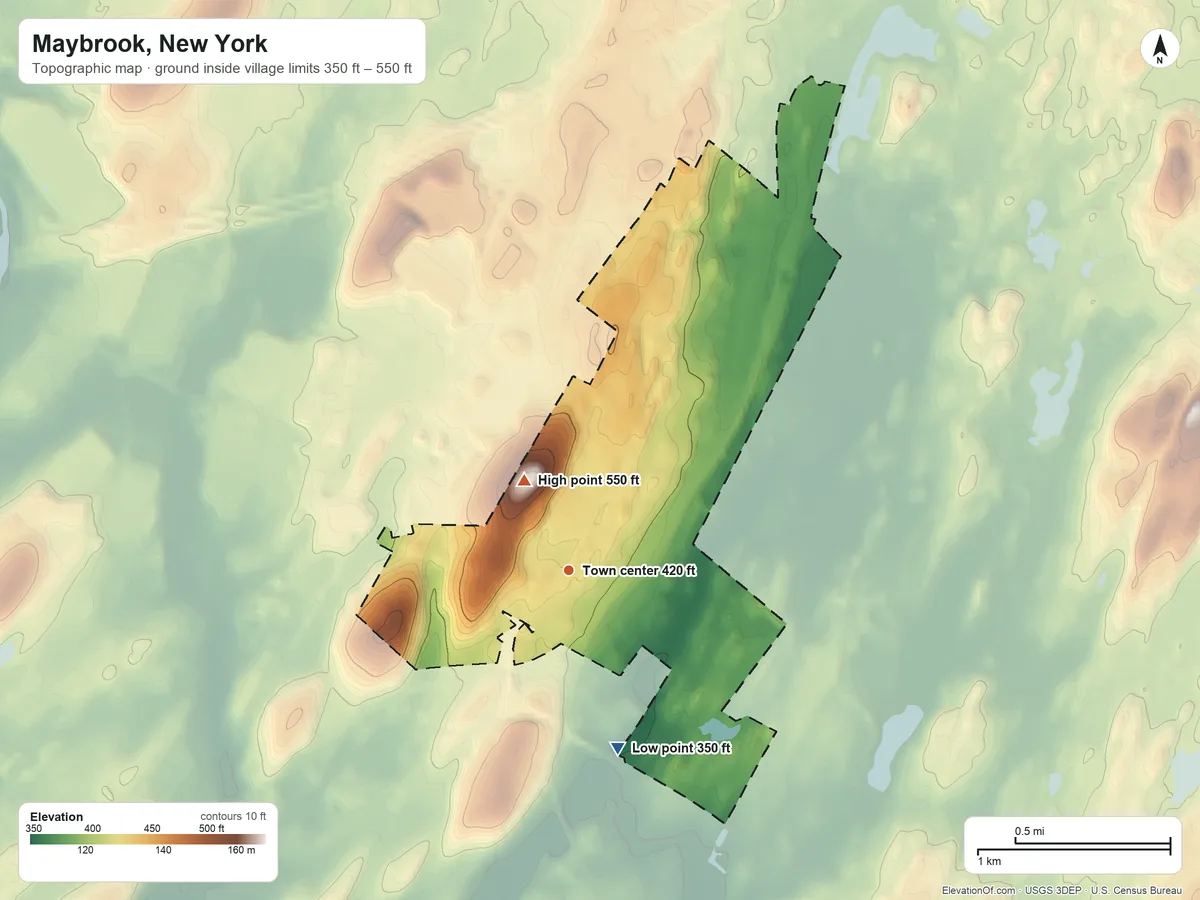Topographic elevation map of Maybrook, New York, shaded from 350 ft on the south side to 550 ft on the northwest side