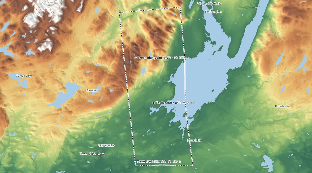 Topographic elevation map of Mayfield, New York, shaded from 750 ft on the south side to 2,287 ft on Bernhardt Mountain