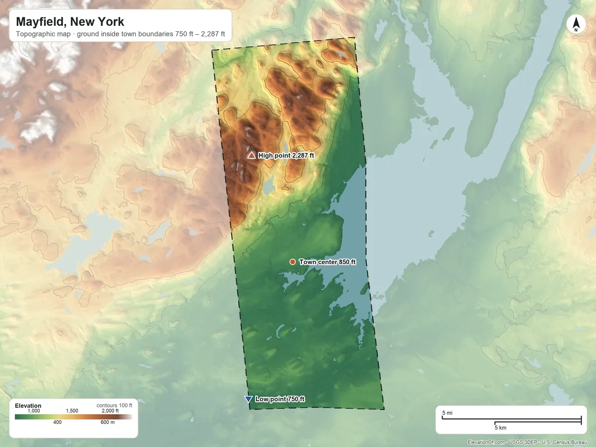 Topographic elevation map of Mayfield, New York, shaded from 750 ft on the south side to 2,287 ft on Bernhardt Mountain