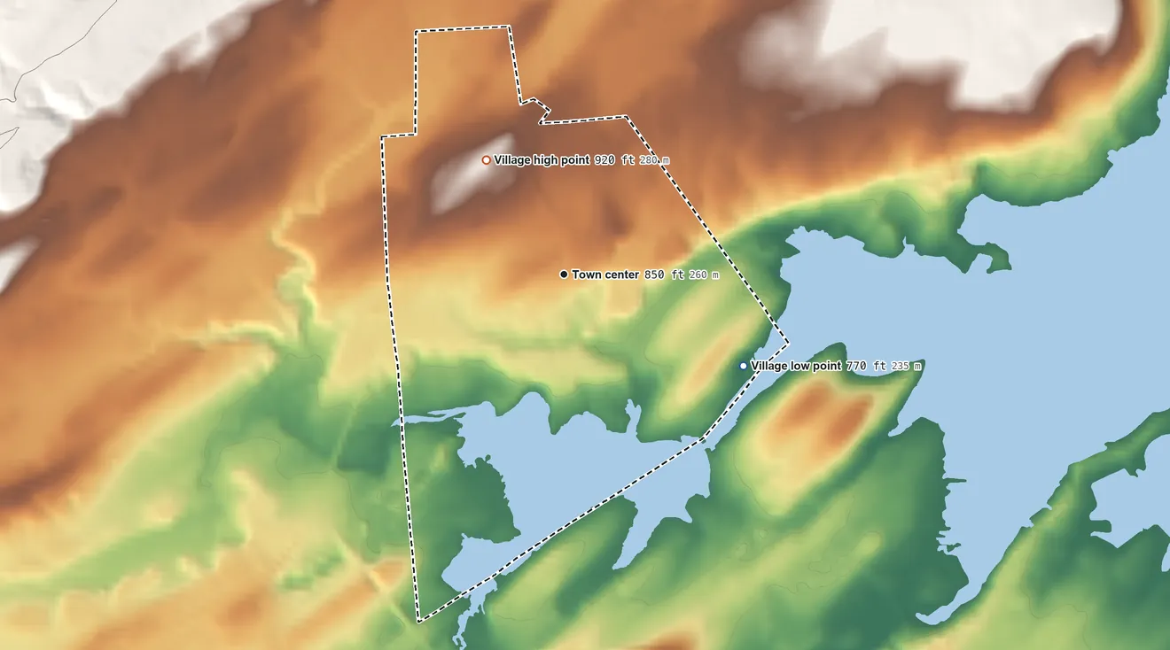 Topographic elevation map of Village of Mayfield, New York, shaded from 770 ft on the southeast side to 920 ft on the northwest edge, below higher ground just outside