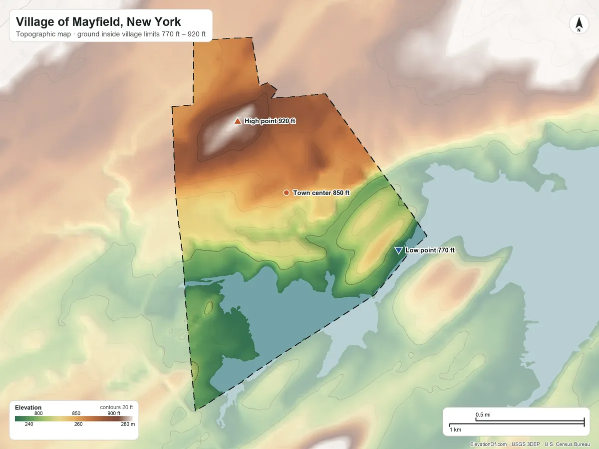 Topographic elevation map of Village of Mayfield, New York, shaded from 770 ft on the southeast side to 920 ft on the northwest edge, below higher ground just outside