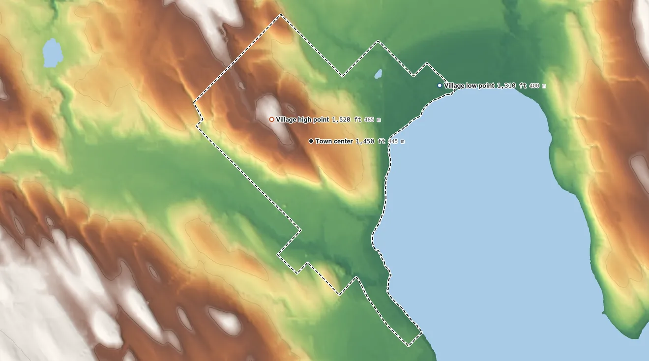 Topographic elevation map of Mayville, New York, shaded from 1,310 ft on the northeast side to 1,520 ft on the northwest side