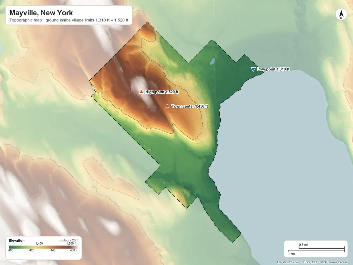 Topographic elevation map of Mayville, New York, shaded from 1,310 ft on the northeast side to 1,520 ft on the northwest side