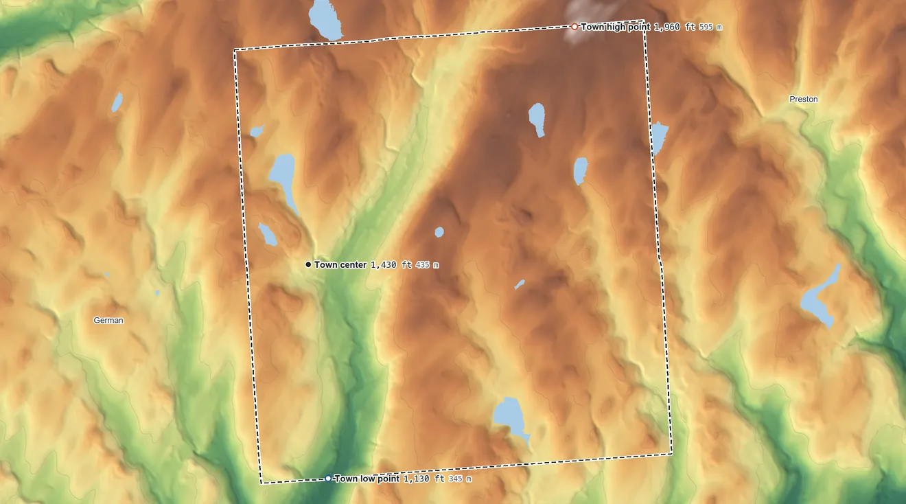 Topographic elevation map of McDonough, New York, shaded from 1,130 ft on the south side to 1,958 ft on Berry Hill