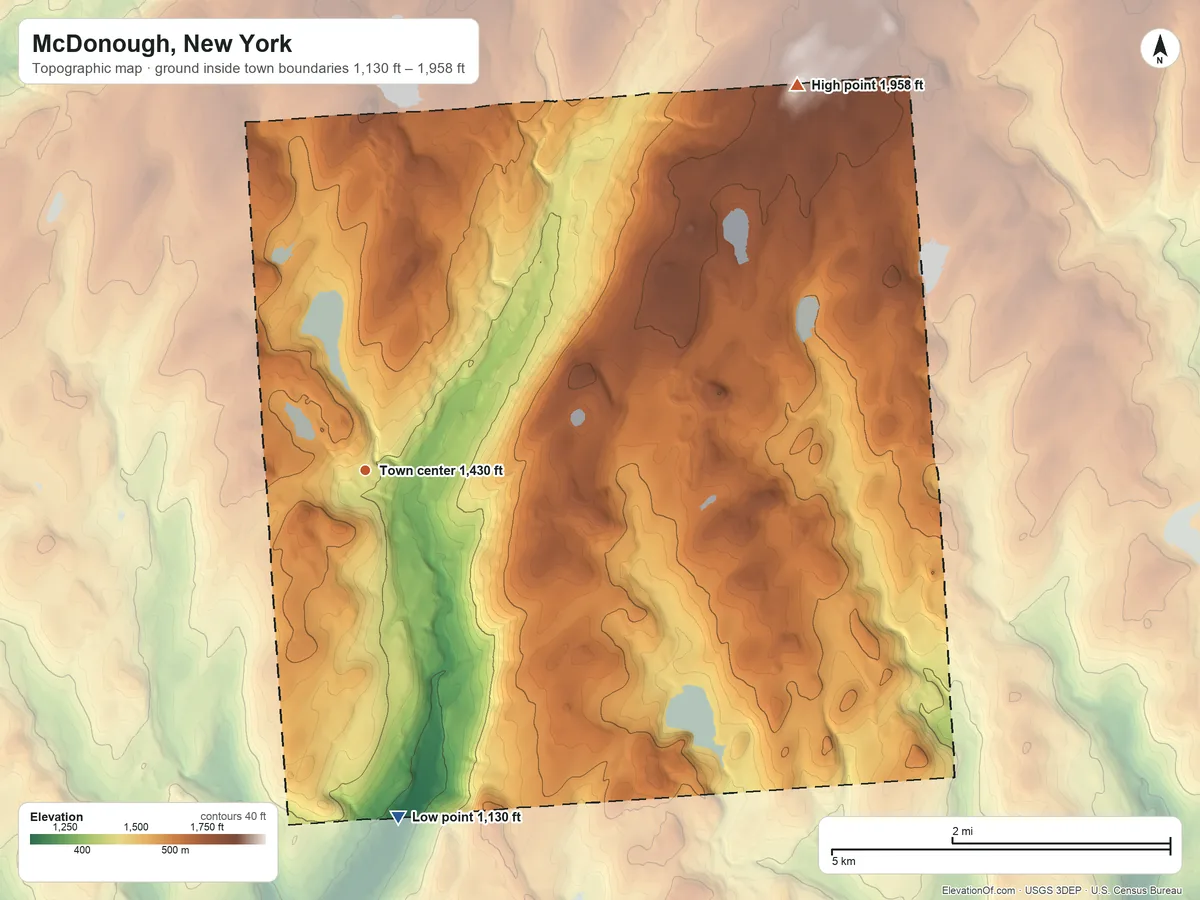 Topographic elevation map of McDonough, New York, shaded from 1,130 ft on the south side to 1,958 ft on Berry Hill