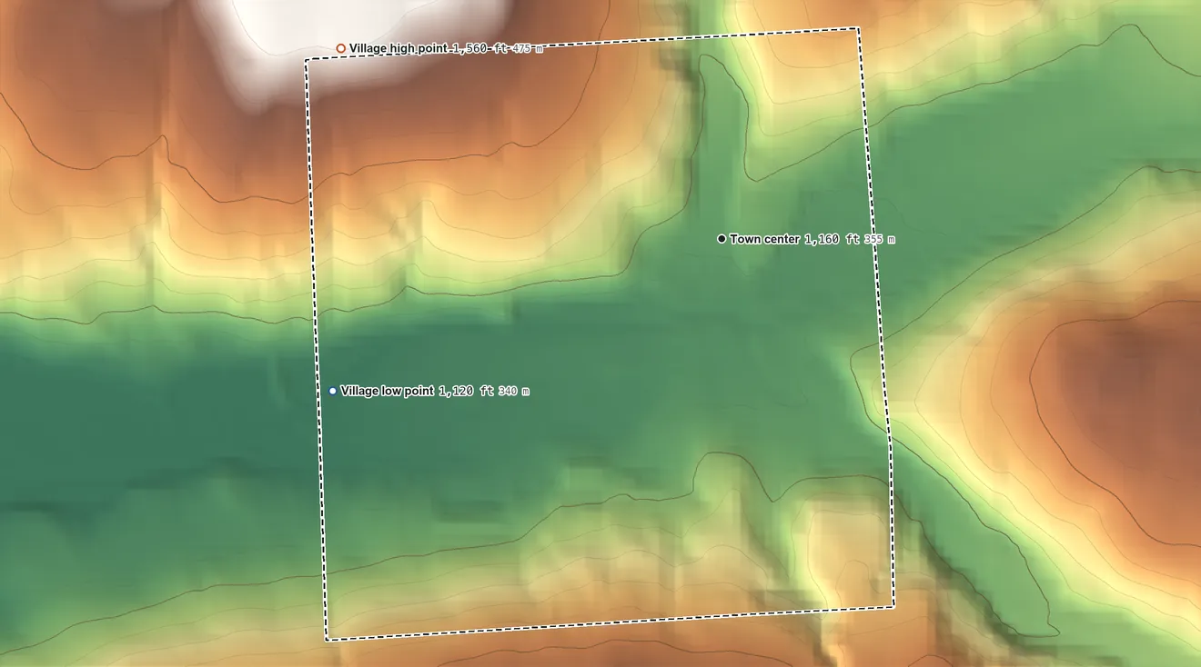 Topographic elevation map of McGraw, New York, shaded from 1,120 ft on the west side to 1,560 ft on the northwest side