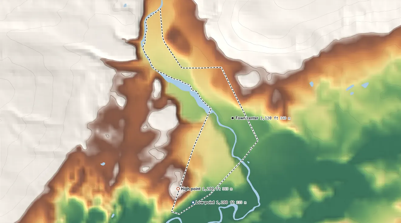 Topographic elevation map of McLean, New York, shaded from 1,100 ft on the southwest side to 1,200 ft on the southwest side