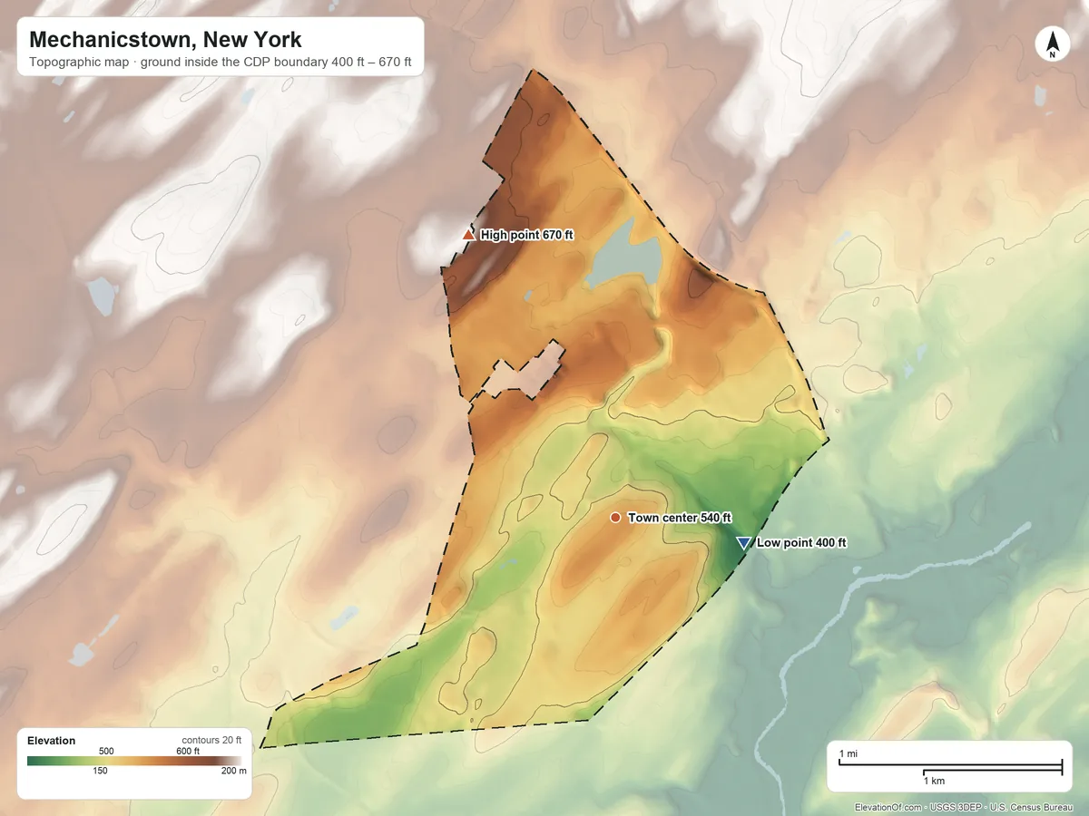 Topographic elevation map of Mechanicstown, New York, shaded from 400 ft on the east side to 670 ft on the northwest side