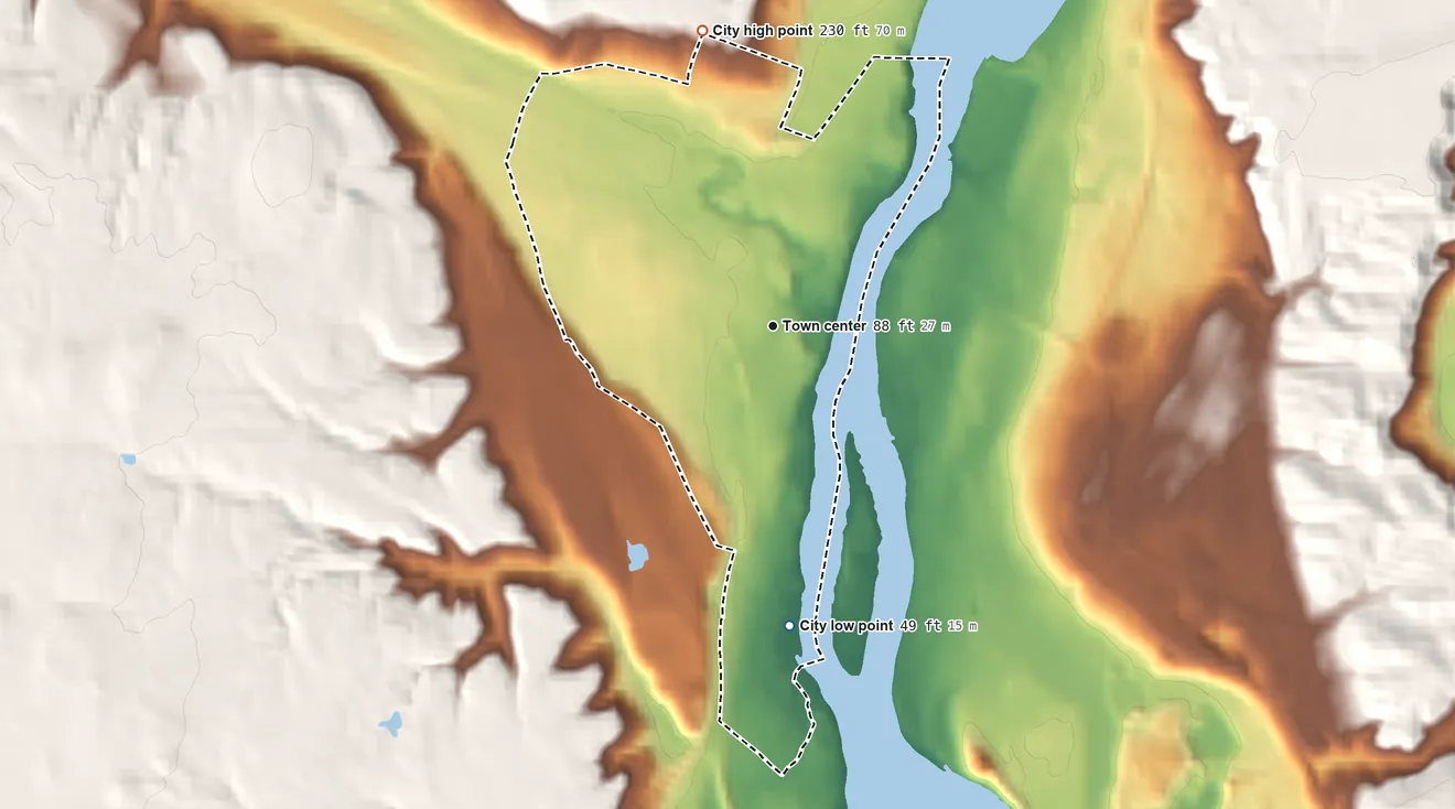 Topographic elevation map of Mechanicville, New York, shaded from 49 ft on the south side to 230 ft on the north side