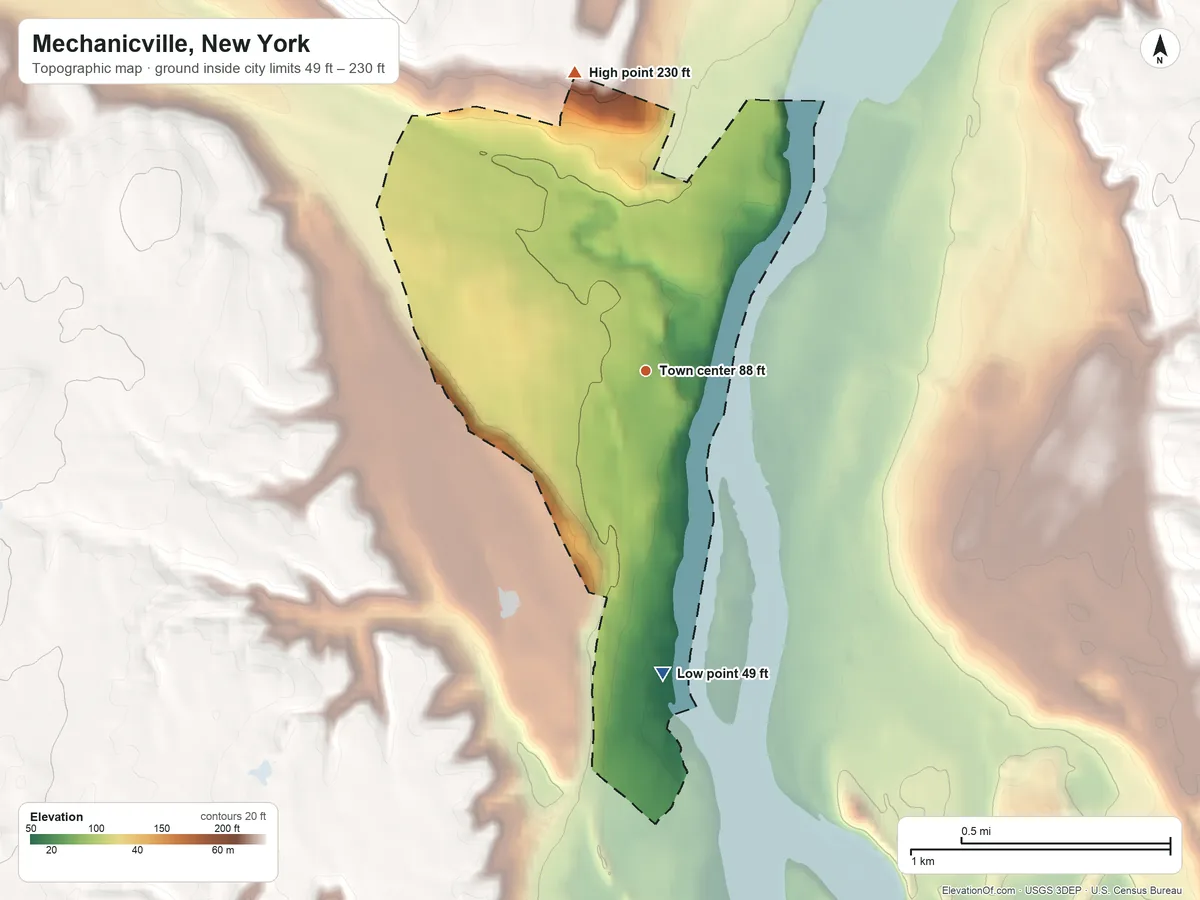 Topographic elevation map of Mechanicville, New York, shaded from 49 ft on the south side to 230 ft on the north side