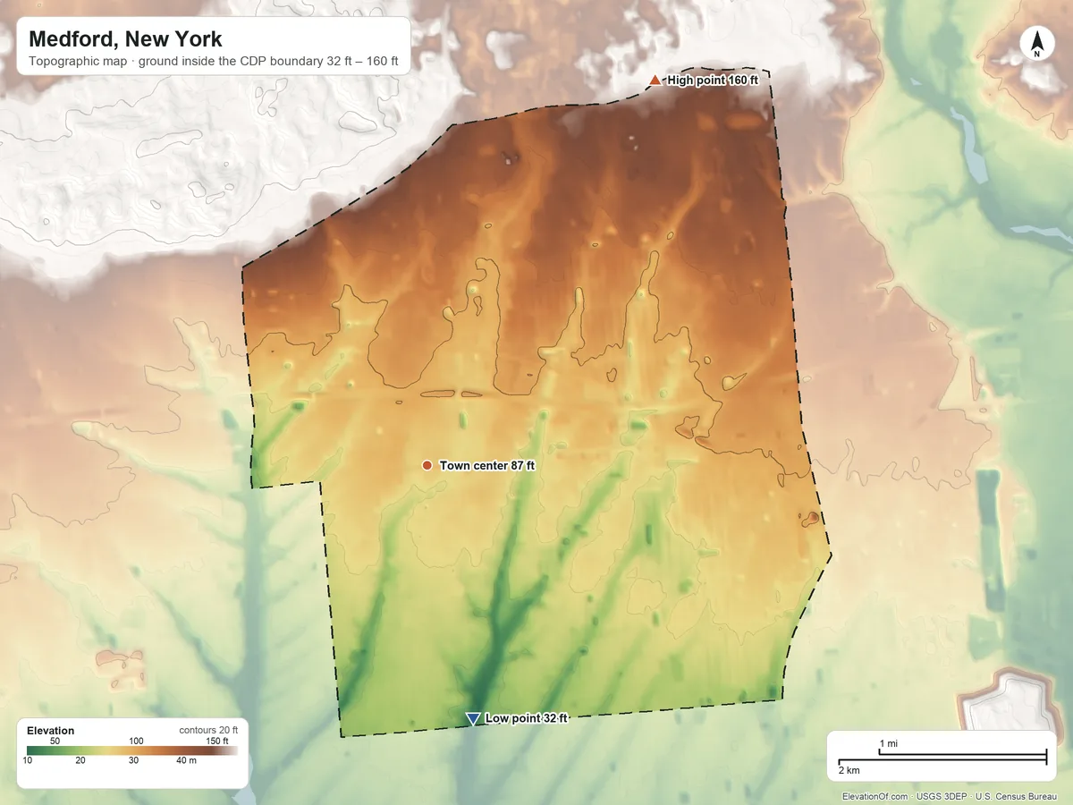 Topographic elevation map of Medford, New York, shaded from 32 ft on the south side to 160 ft on the northeast side