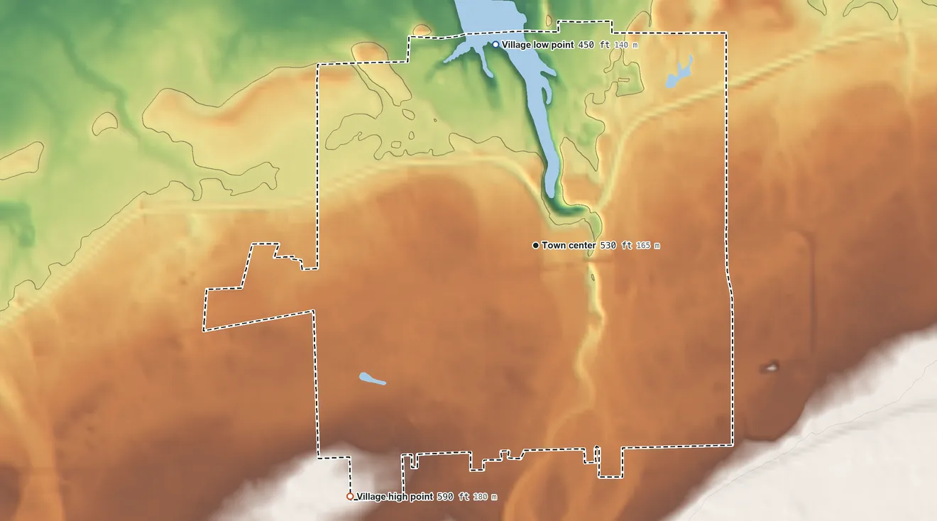 Topographic elevation map of Medina, New York, shaded from 450 ft on the north side to 590 ft on the southwest side