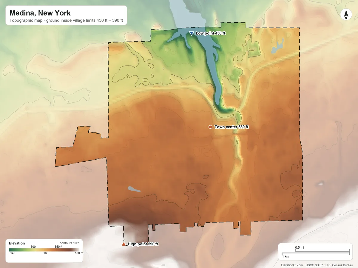 Topographic elevation map of Medina, New York, shaded from 450 ft on the north side to 590 ft on the southwest side