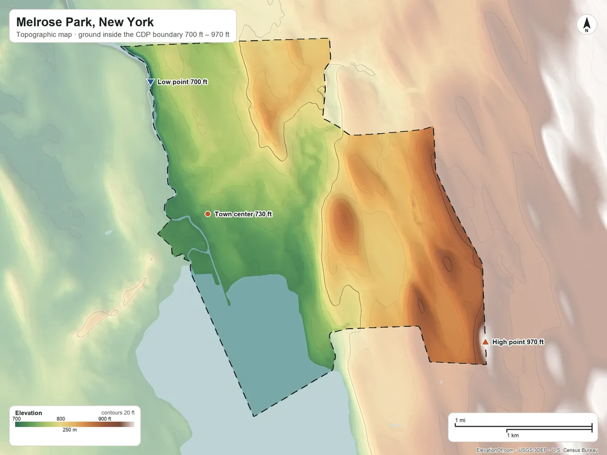 Topographic elevation map of Melrose Park, New York, shaded from 700 ft on the northwest side to 970 ft on the southeast side
