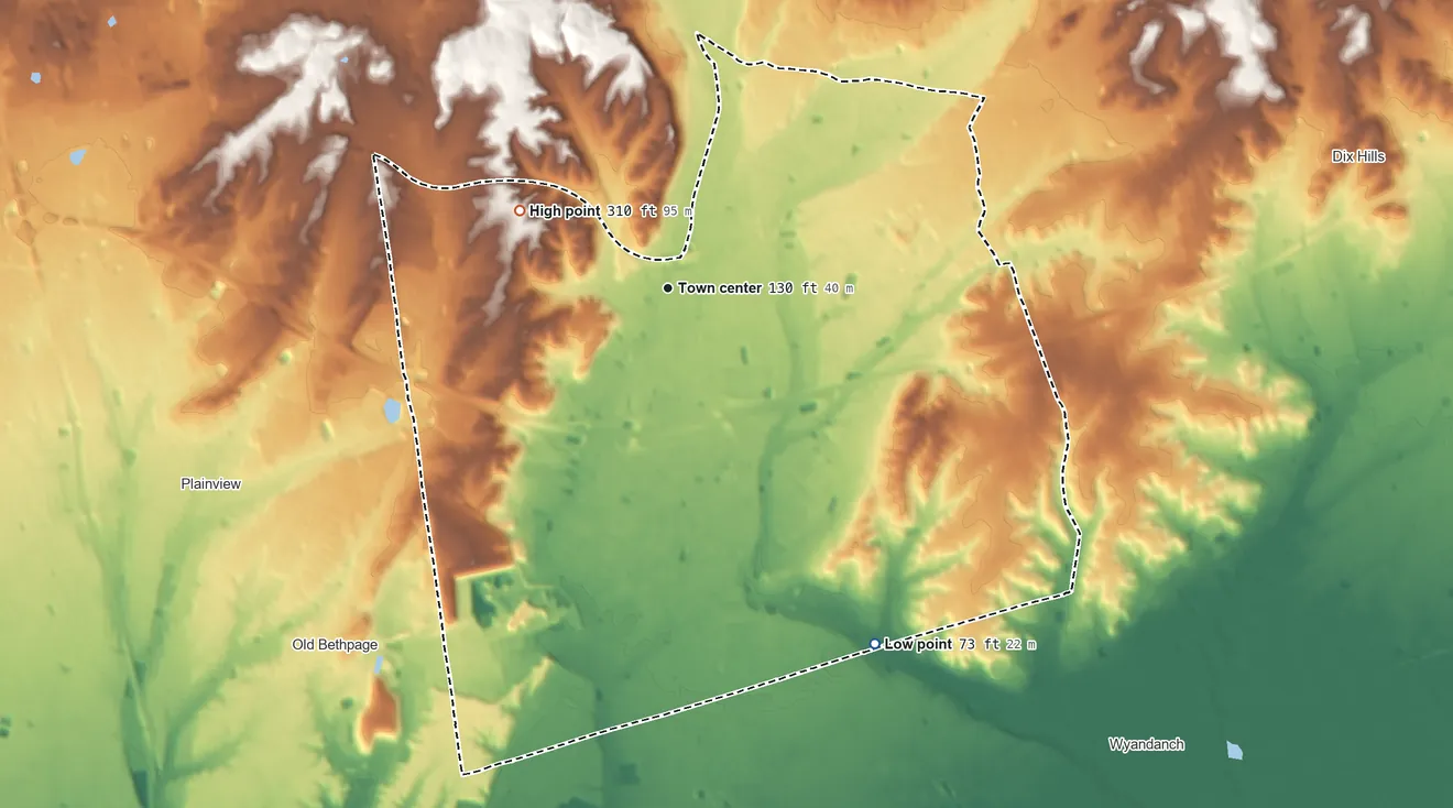 Topographic elevation map of Melville, New York, shaded from 73 ft on the southeast side to 310 ft on the northwest side