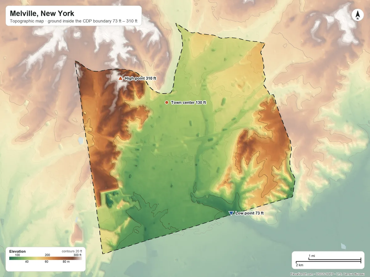 Topographic elevation map of Melville, New York, shaded from 73 ft on the southeast side to 310 ft on the northwest side